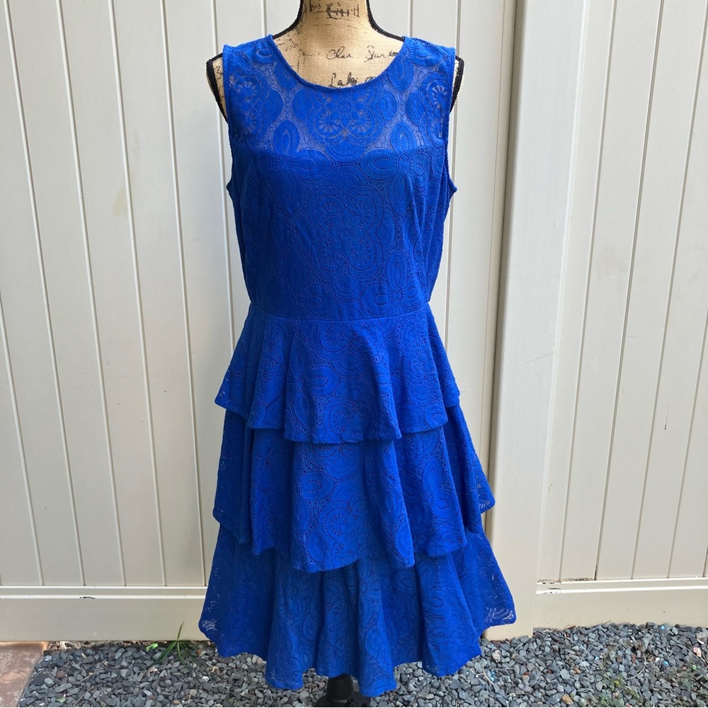 Twee whimsical ruffle sleeveless Calvin Klein dress royal blue lace 12